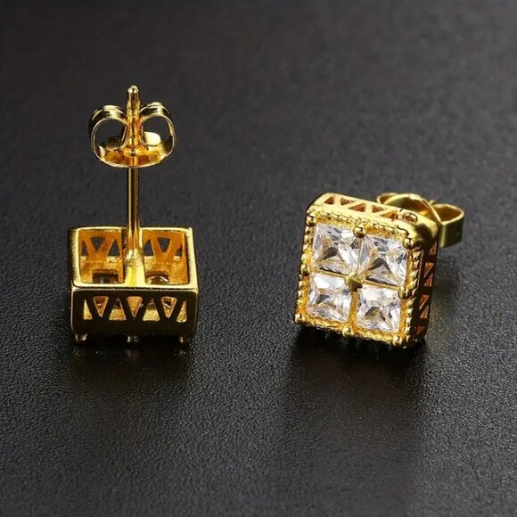 2ct Diamond Mens 18K Gold Square Stud Earrings 18 Karat Silver Guys New Jewelry